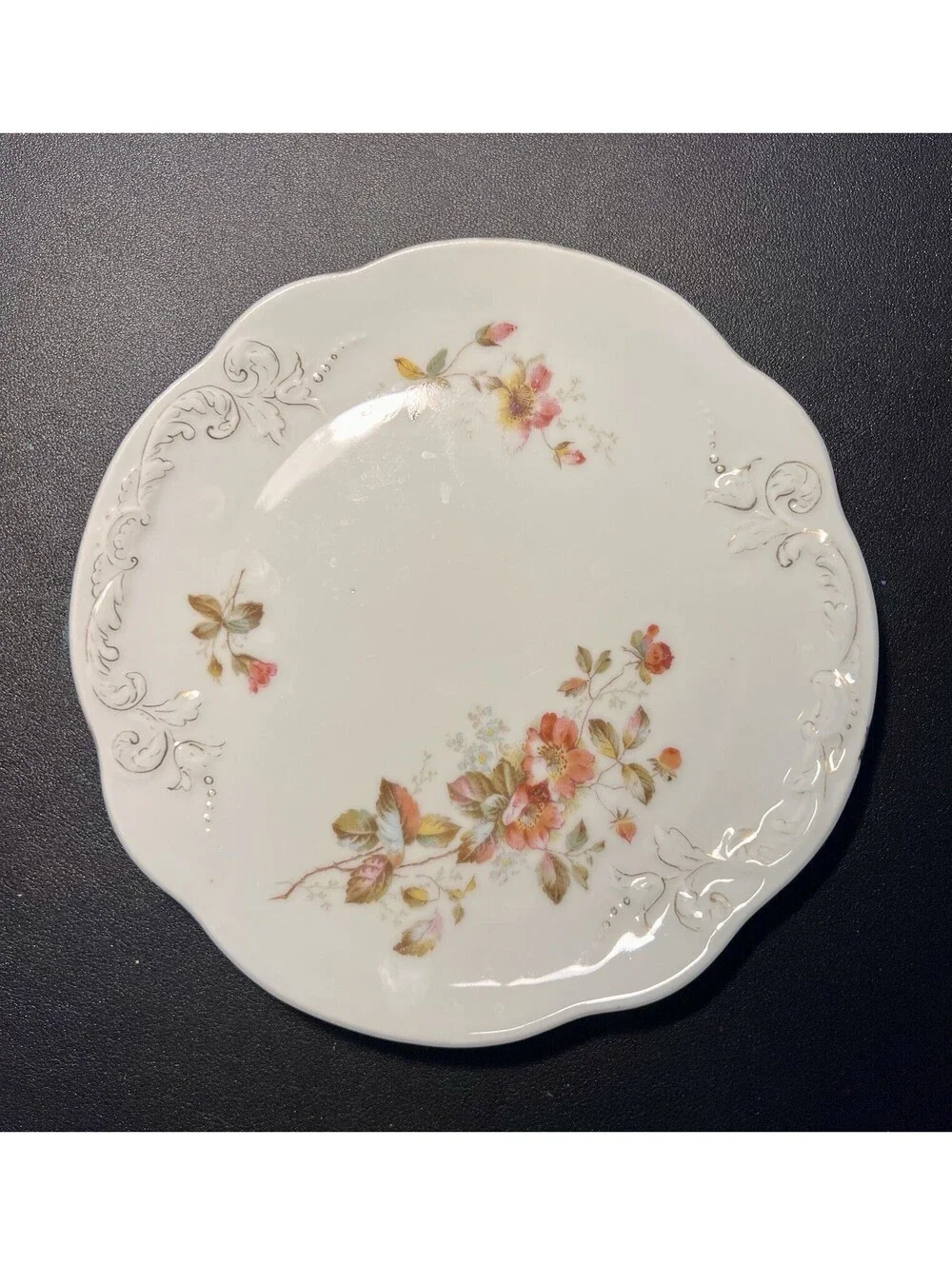 Austria Antique 1900s Set Of 2 Salad Plates Wild Rose Silver Scroll, 8”